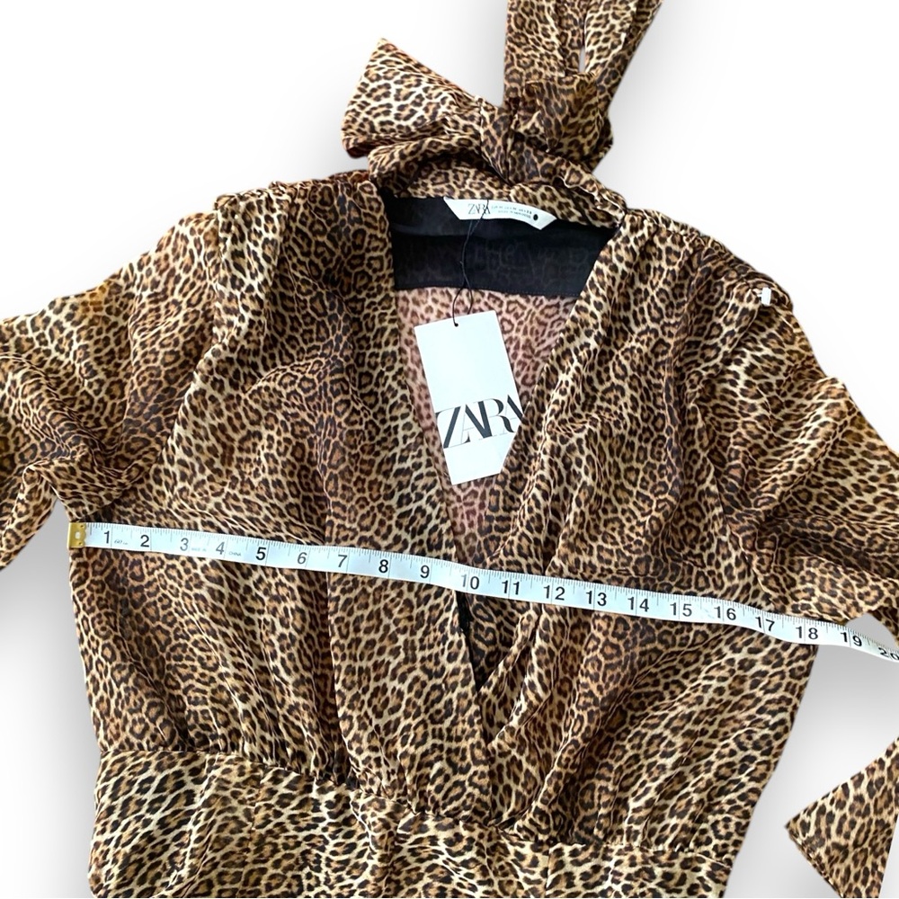 Zara Shear Cheetah Animal Print Front Tie Long Sleeve Mini V Neck Belted Dress - Picture 6 of 12
